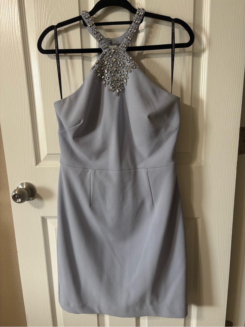 Vince Camuto Light Gray Halter Mini Dress with Jeweled Neck